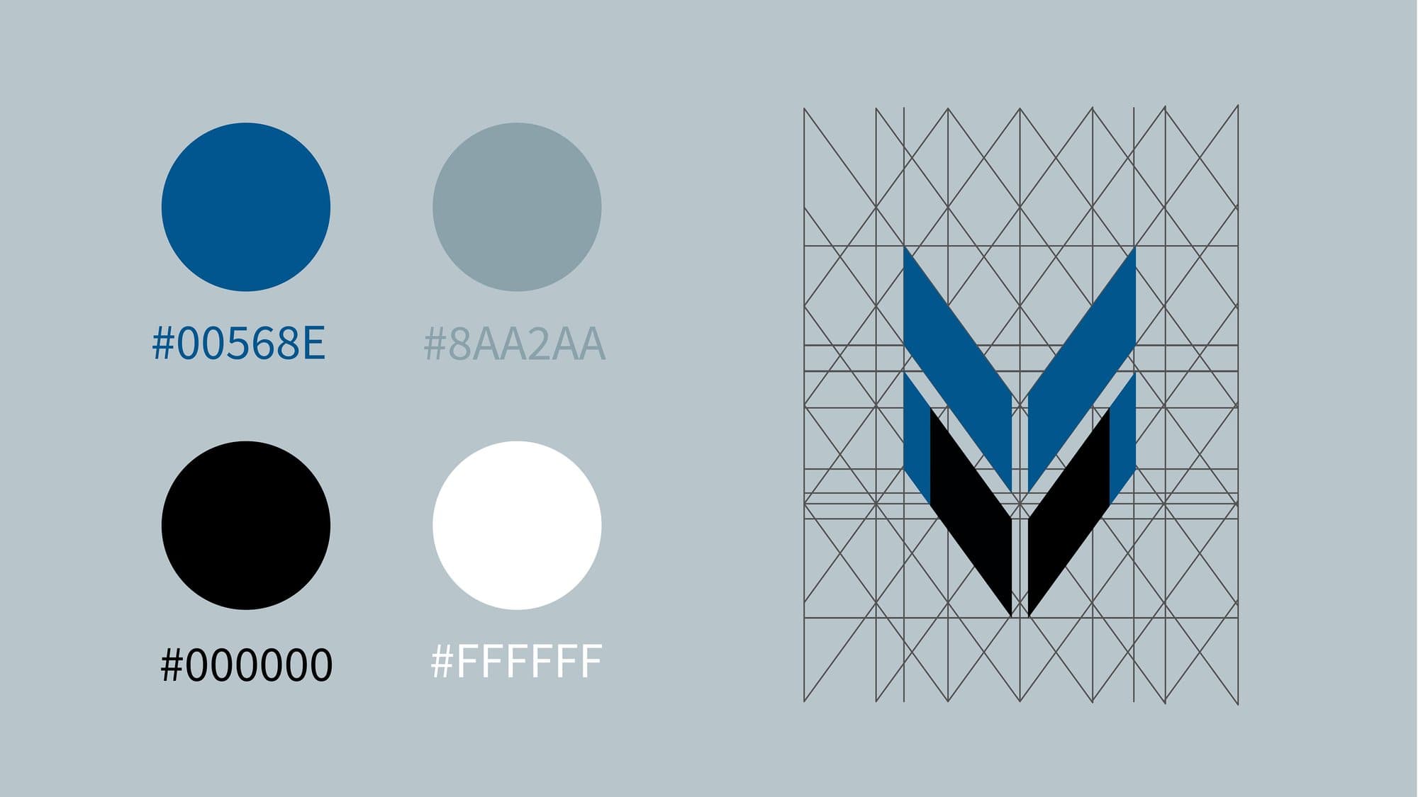 The mark on its construction grid, beside the four brand colours.