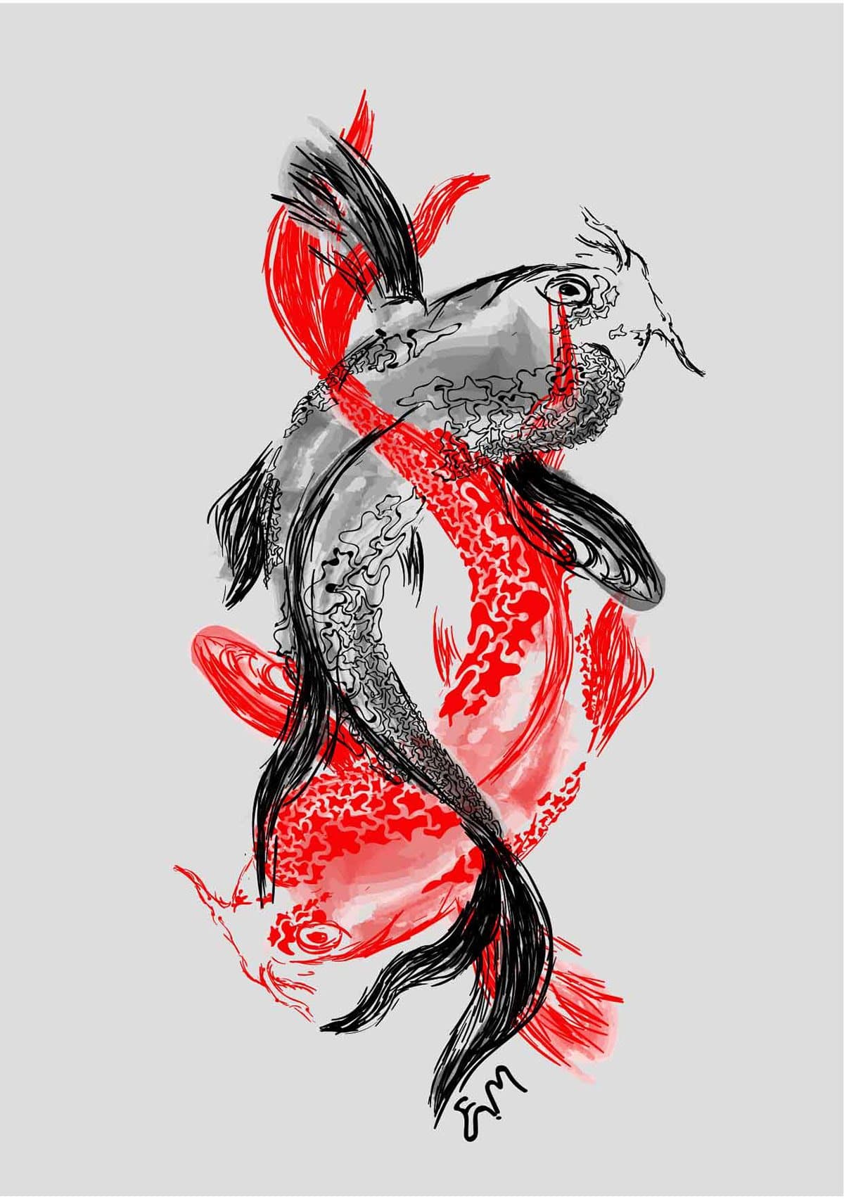 Ink drawing of two fish curling around each other, black lines with red patterns.