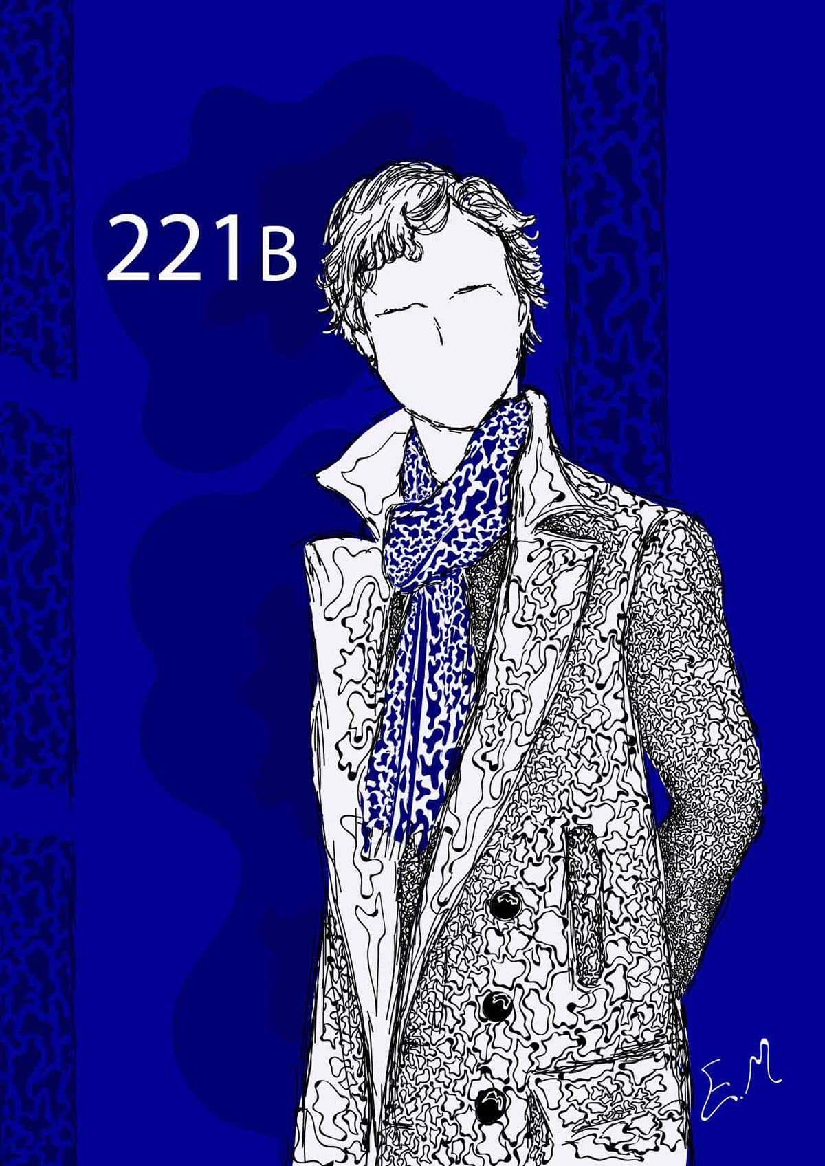 A detective in a patterned coat and scarf on deep blue, with “221B” at the top.