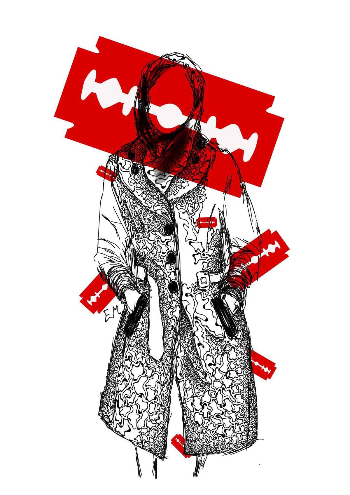 A figure in a patterned trench coat with red razor blades across the face.