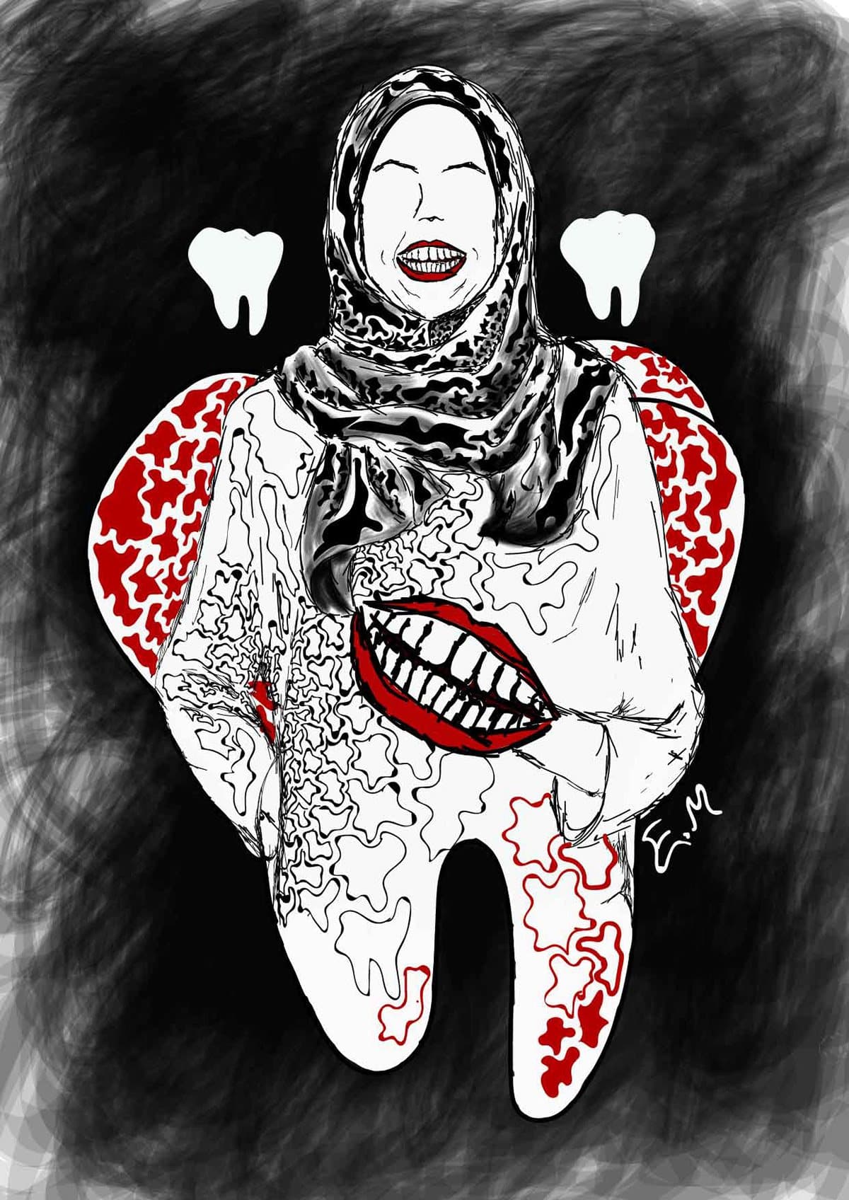 A woman in a hijab drawn over a large tooth, in black, white and red.