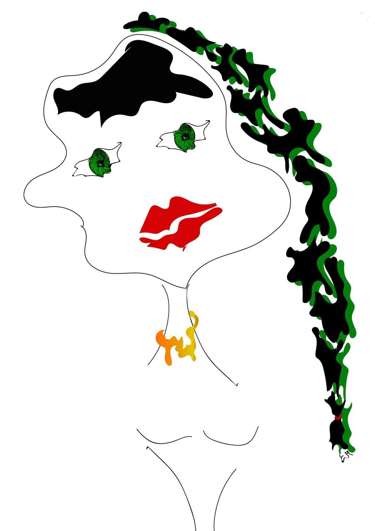 A minimal face with red lips, green eyes and a green braid.