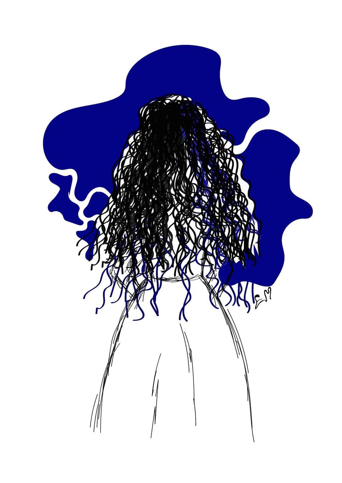 A woman seen from behind, her black curly hair against a blue shape.
