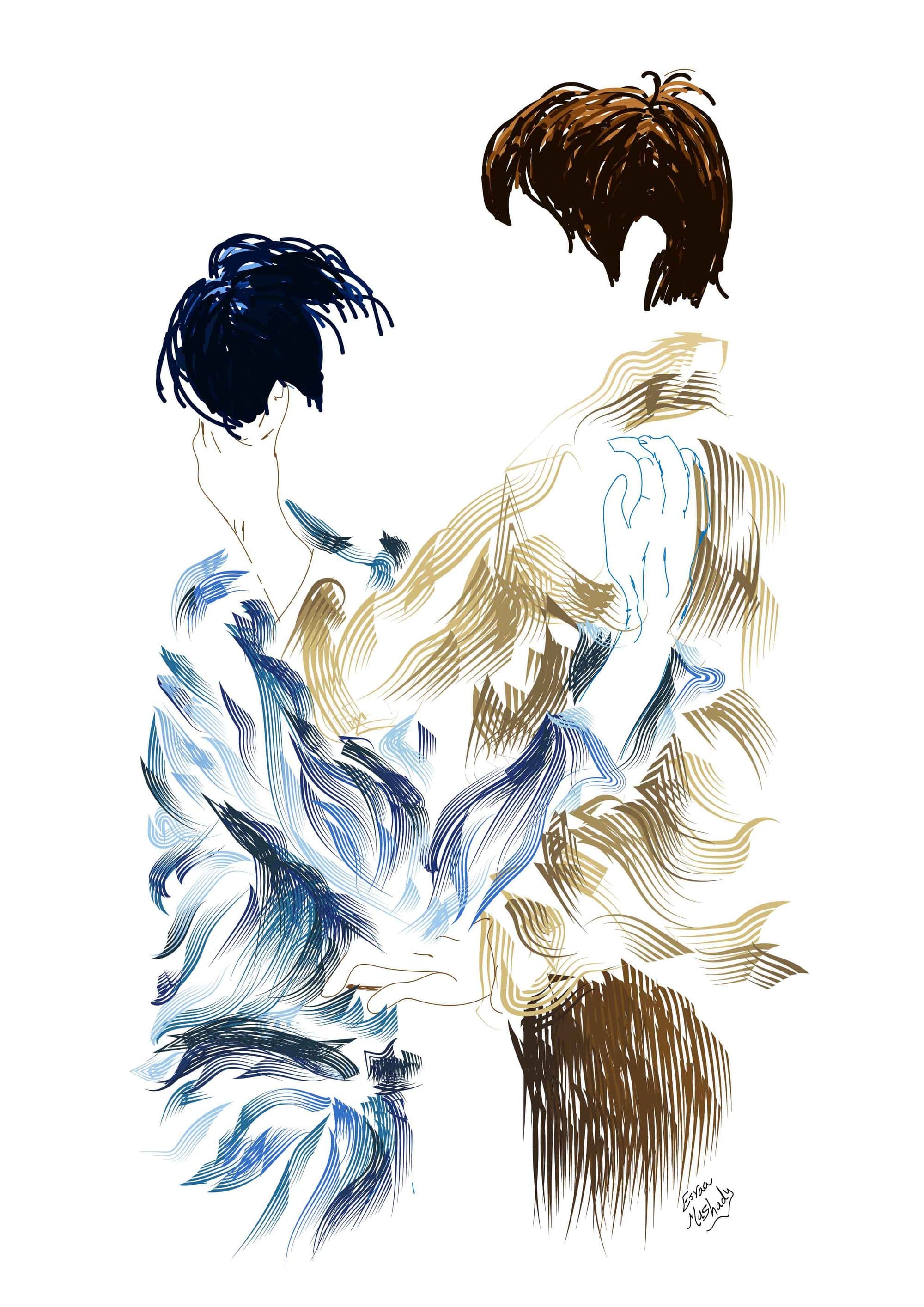 Two figures in an embrace, drawn in blue and gold ink washes.