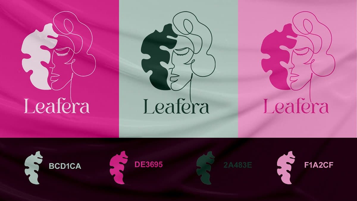 The logo on pink, sage and light pink grounds, above the four brand colours.