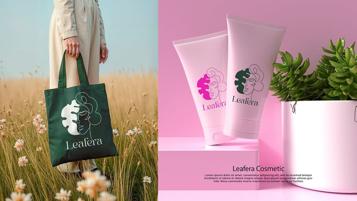 A green tote bag in a wheat field, next to pink and white tubes with the Leafera mark.