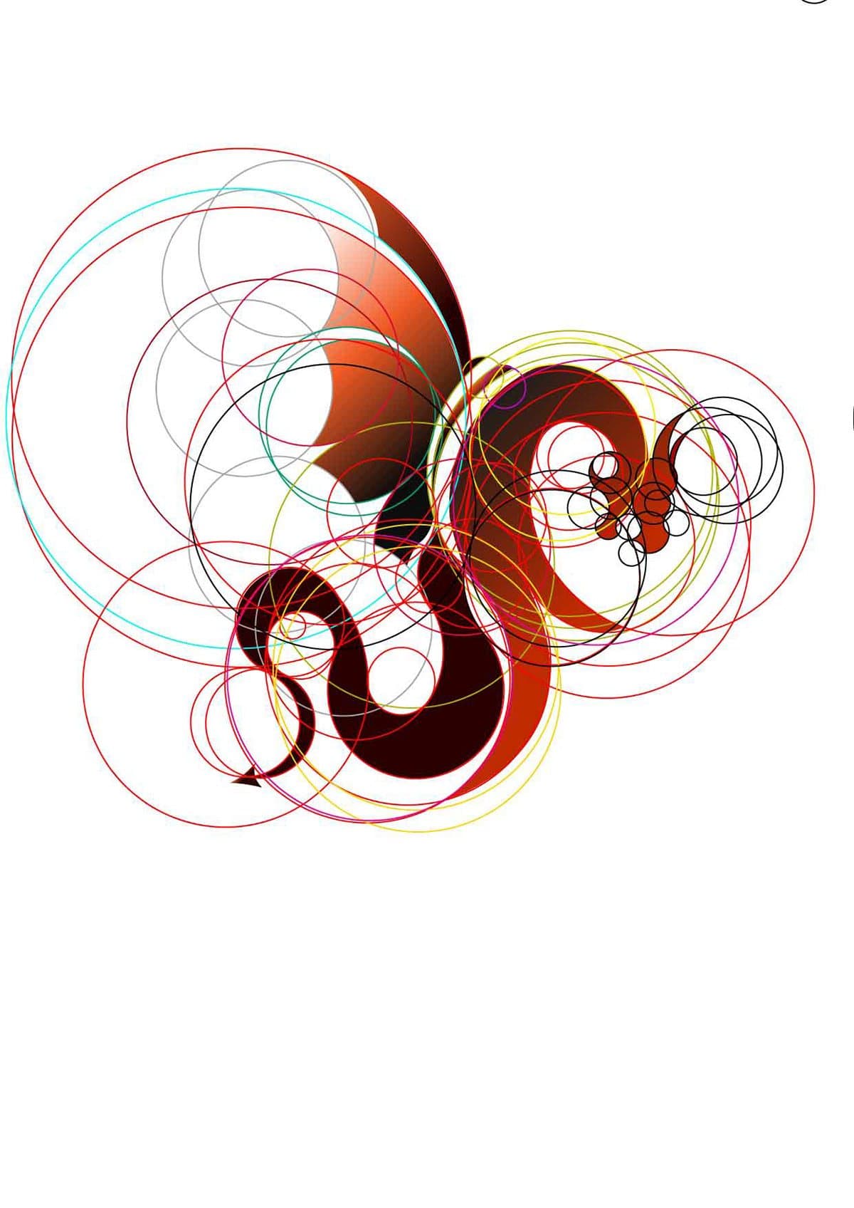 Construction sketch: the dragon drawn over a web of overlapping circles.