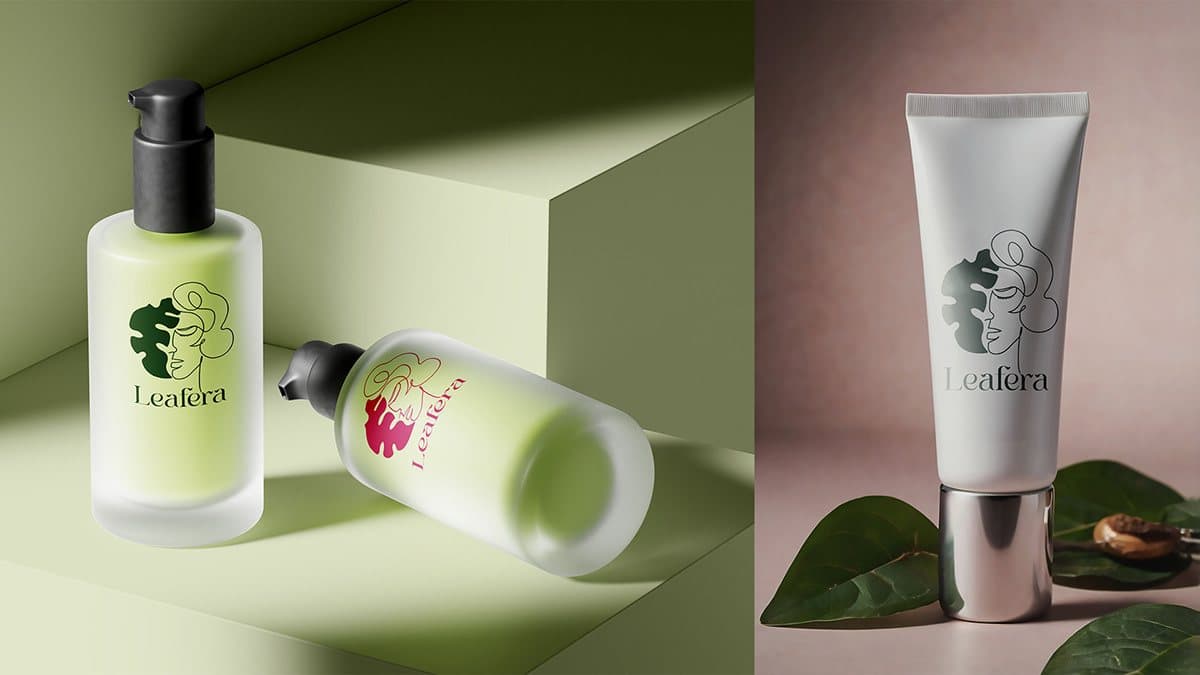 A pump bottle, a dropper and a tube in pale green and white, each with the mark.