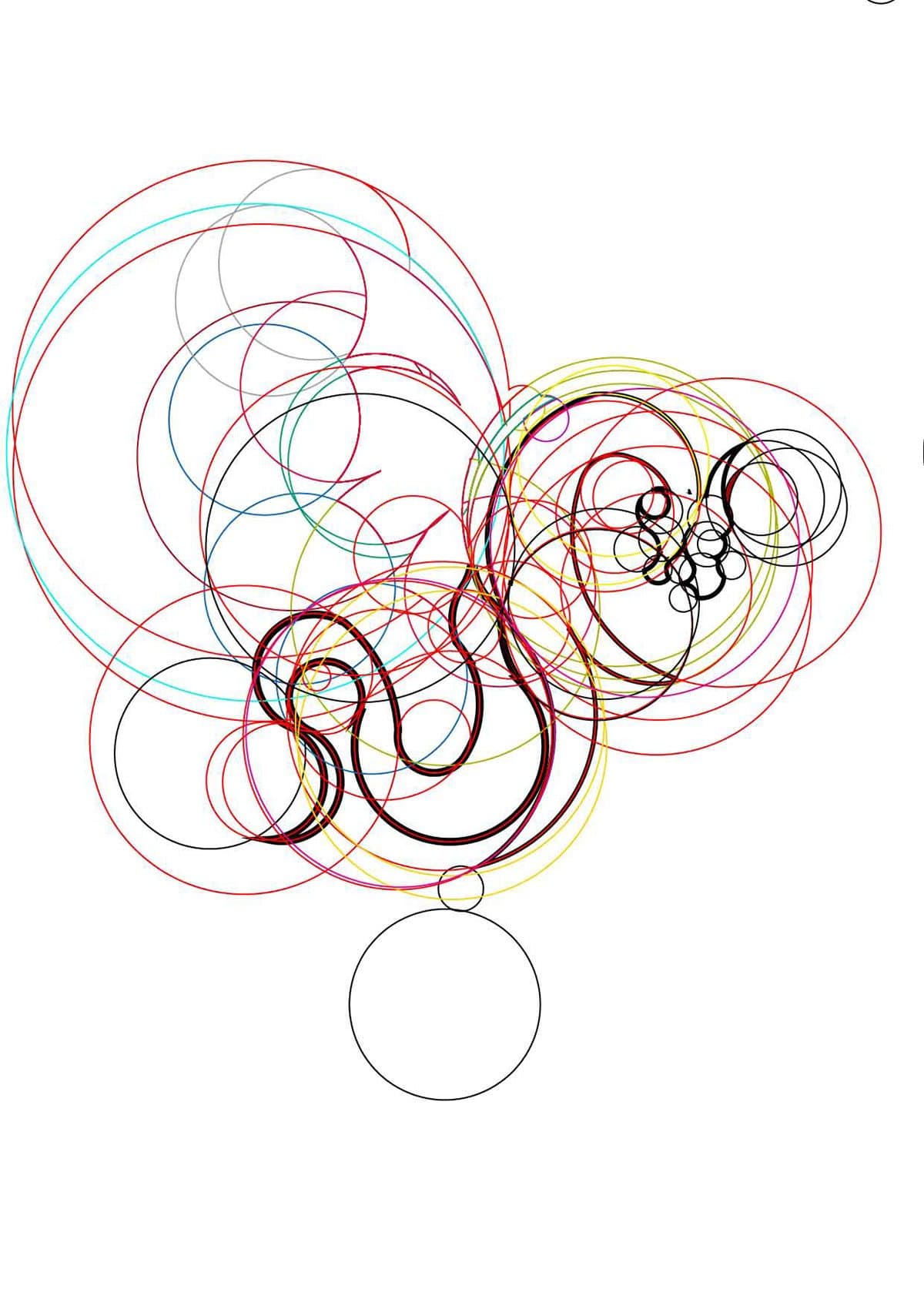 The circle construction behind the dragon’s outline.