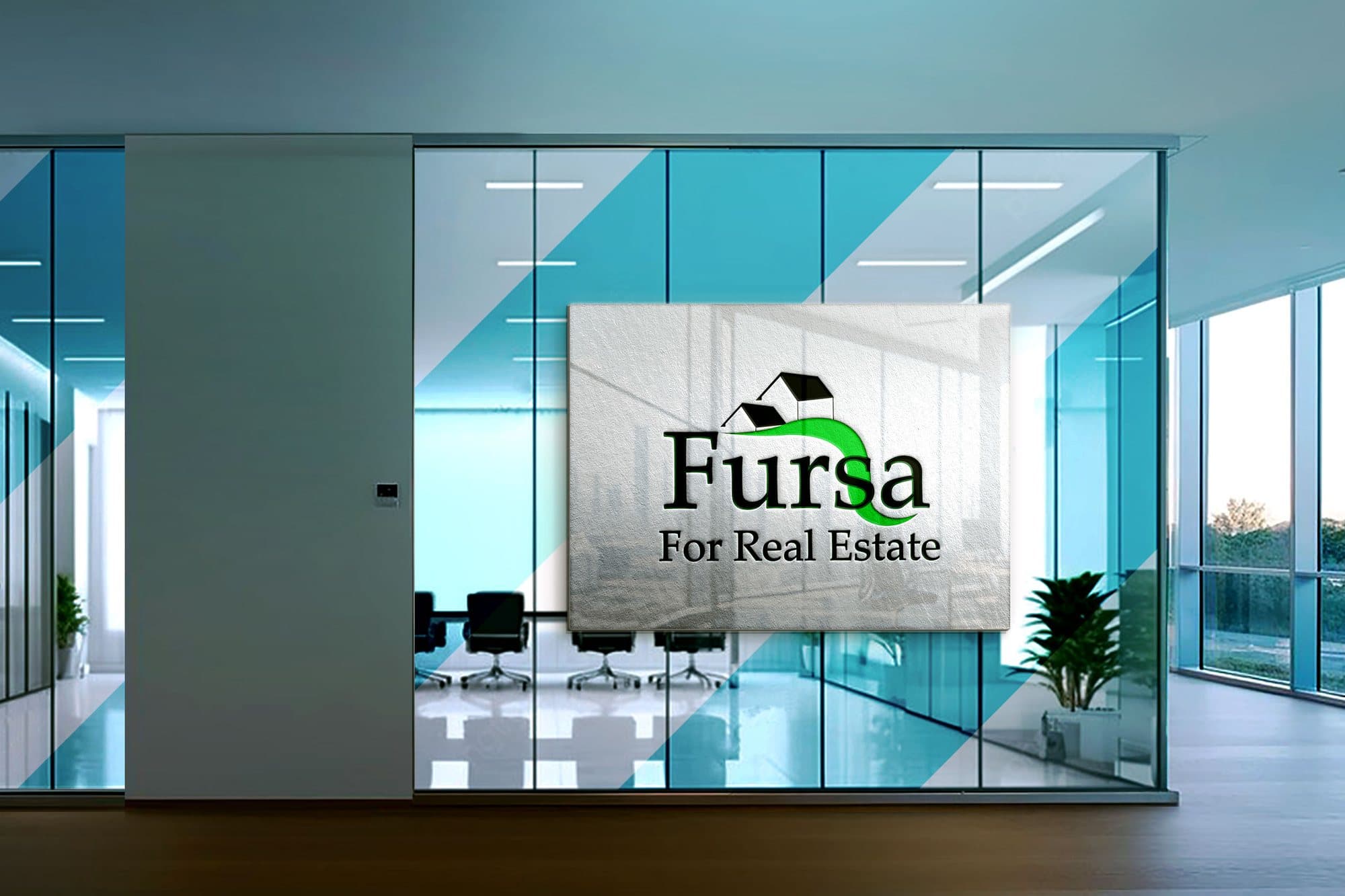 The Fursa real estate logo on a glass wall in an office.