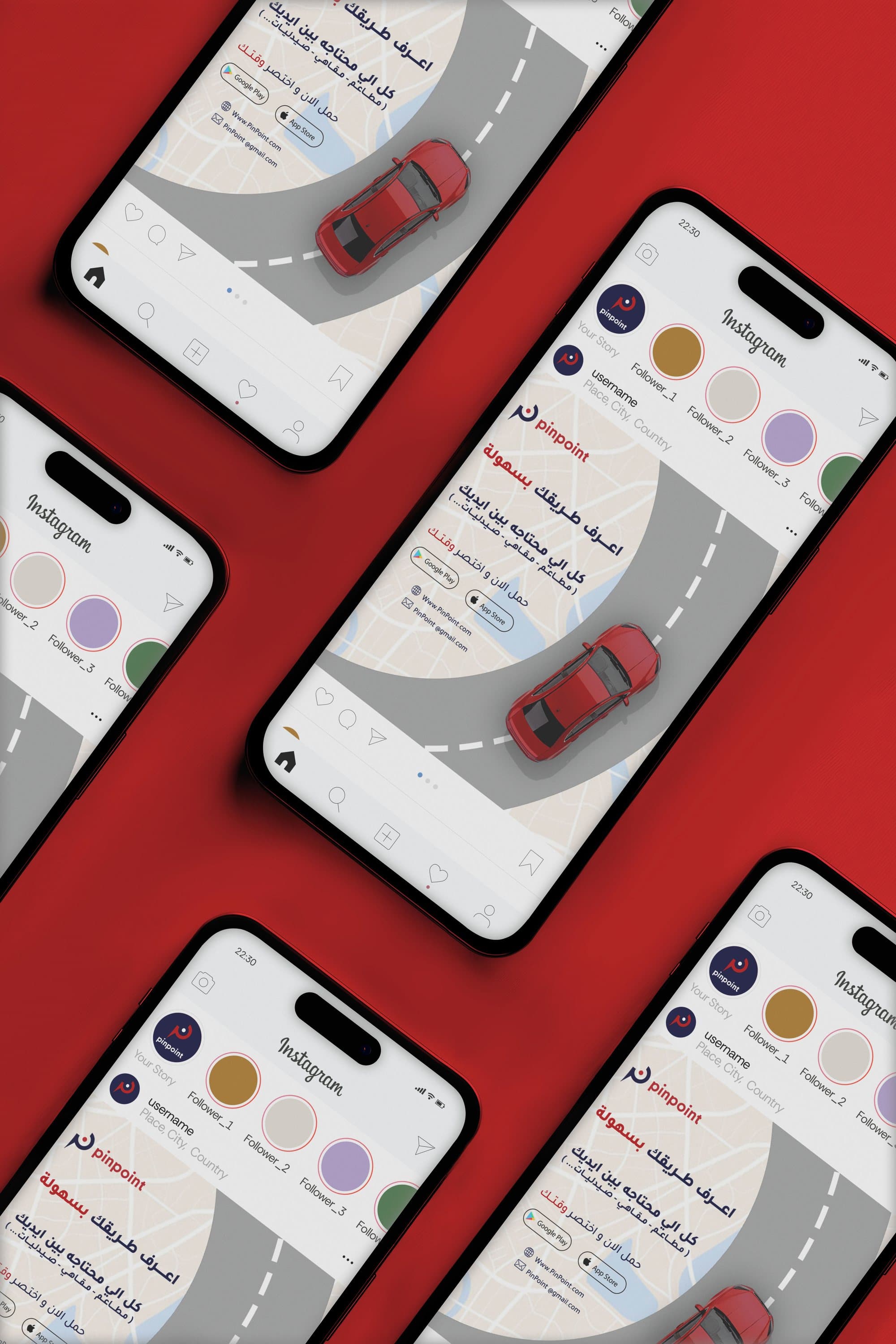 Phones lying diagonally on red, each showing a PinPoint post.