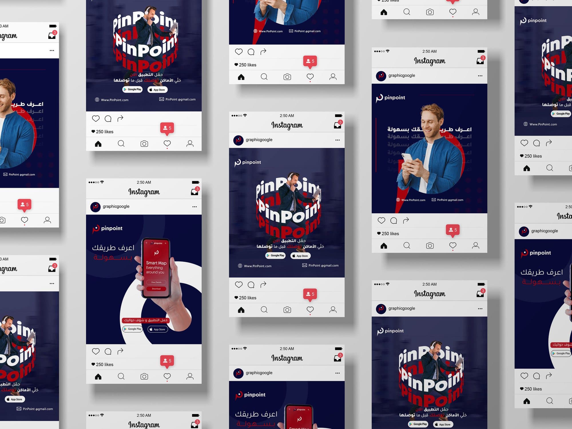 A grid of Instagram posts for PinPoint in navy, red and cream.